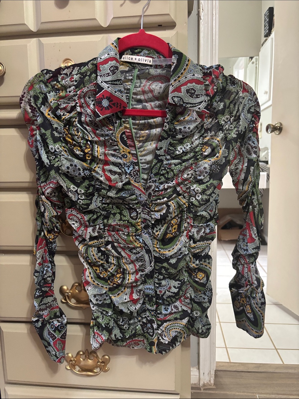 Alice + Olivia Multicolor Paisley Ruched Button-Down Shirt